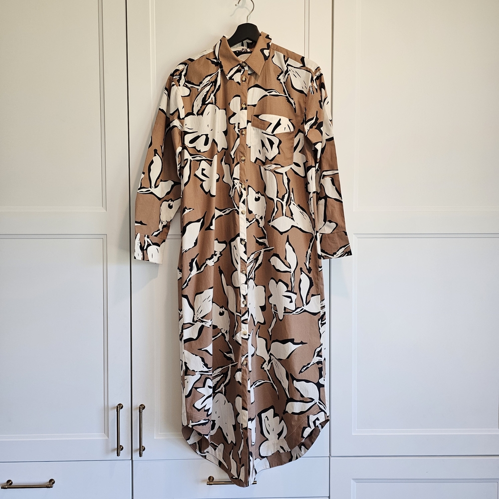 Maeve by Anthropologie The Soren Midi Shirt Dress Tan White Black Floral Print